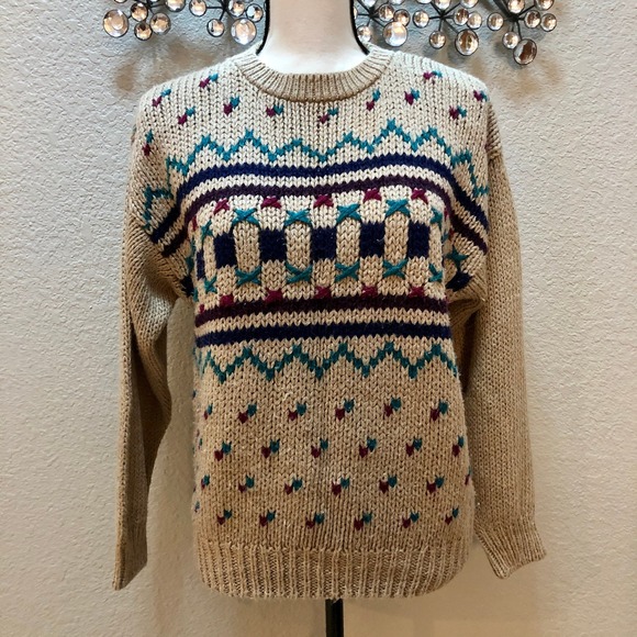 JJ Fargo Handknit Sweater Women's Large (L) Camel Colored Maroon Navy VNTG 80s - Picture 3 of 10